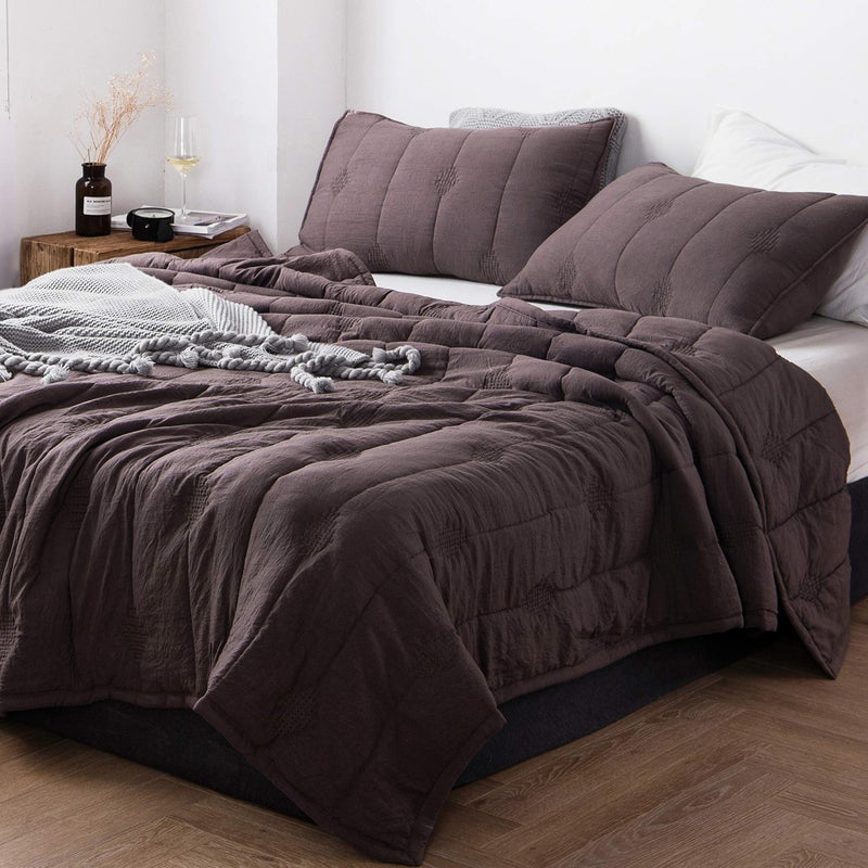 ANNA.Z HOME King Quilt Set, Lightweight Bedding Set, Washed Soft Fabric, Brown, Boho Embroidered Coverlet, All-Season, Machine Washable, 3-Piece Set, 1 Quilt + 2 Shams (Iron, King Set) - Image 2